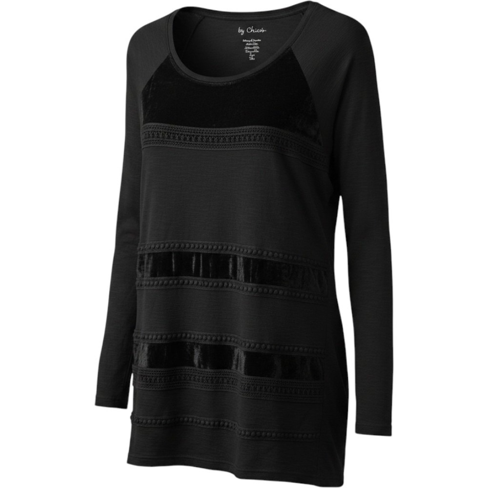 Chicos Black Velvet Trim Crochet Lace Tunic Top Long Sleeve Viscose Size 2 Large